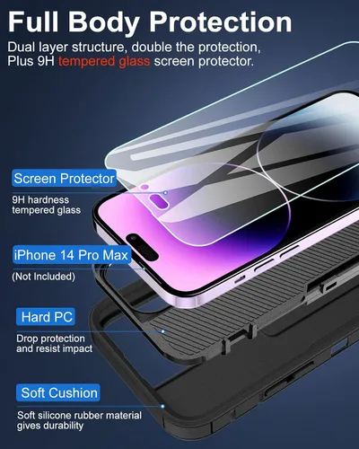 Vista 3 de Funda para iPhone 14 Pro Max, con protector de pantalla de vidrio templado, carcasa resistente a prueba de golpes con cubierta de puerto de carga