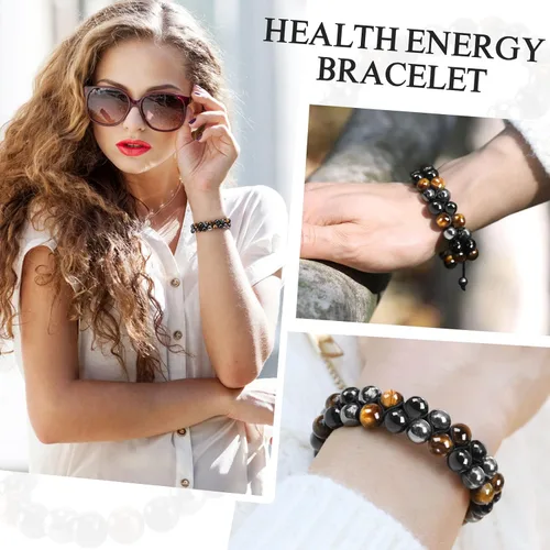 Vista 5 de Denchy Triple Protection Bracelet, Tigers Eye - Black Obsidian and Hematite Beaded Bracelets for Men Women, Tourmaline Spiritual Natural Crystal