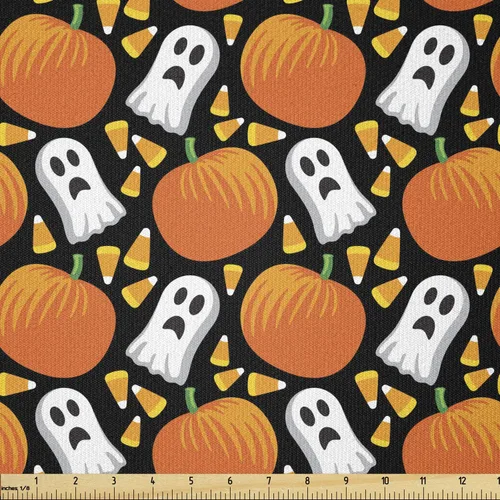 Vista 25 de Ambesonne The Yard, tela de calavera colorida con temática de Halloween, diseño de calavera y huesos cruzados, divertido estampado de dibujos
