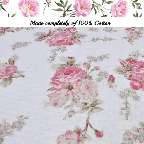 Vista 5 de Juego de ropa de cama edredón de algodón de 3 piezas tamaño Queen, estilo cottage romántico con peonías rosa melocotón shabby chic chintz floral a