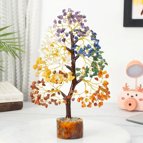 Vista 3 de Árbol de la vida de 7 chakras, árbol de dinero Feng Shui, árbol de piedras preciosas para energía positiva, árbol de cristal de siete chakras, atrae