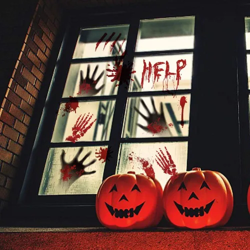 Vista 6 de Tuzuaol 119 piezas de decoraciones de Halloween sangrientas huellas de manos sangrientas de Halloween, calcomanías de cuchillo, calcomanías