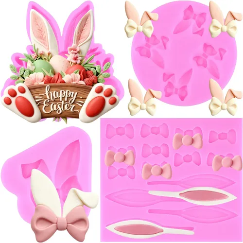 Vista 7 de Mujiang Molde para fondant de conejo, orejas de conejo de Pascua, moldes de silicona para decoración de pasteles, juego de 4