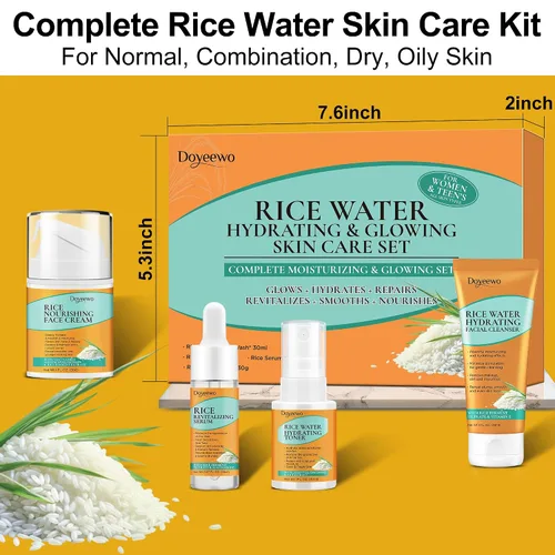 Vista 6 de Juego de cuidado de la piel, para mujeres y adolescentes, cuidado de la piel Glass con extracto de arroz coreano, hidratante, reparador iluminador