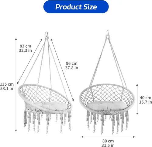 Vista 5 de Silla hamaca de macramé, silla colgante tejida a mano con cuerda de algodón de 330 libras de capacidad, hamaca con borlas de macramé para soporte