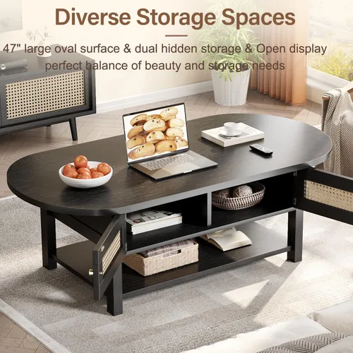 Vista 3 de LVB - Mesa de café de ratán, mesa de sala de estilo boho con almacenamiento, mesa de té de cóctel moderna ovalada de 2 niveles con puertas y estante