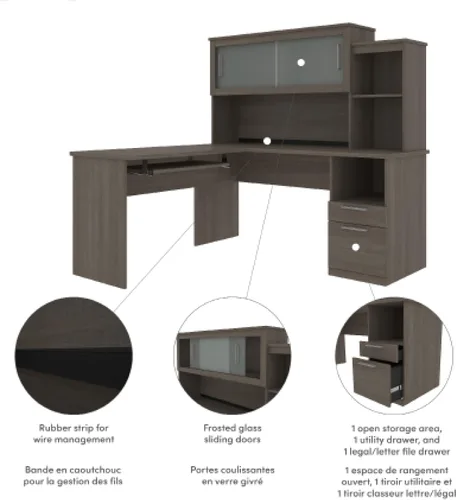 Vista 6 de Bestar Dayton 63W 65W Escritorio en forma de L con gabinete en corteza gris