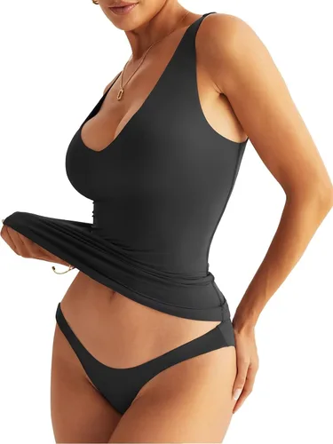 Vista 2 de EasyGala Camisetas sin mangas con cuello en V para mujer, con doble forro, básicas, ajustadas, para verano, para salir, Y2K, a la moda Negro