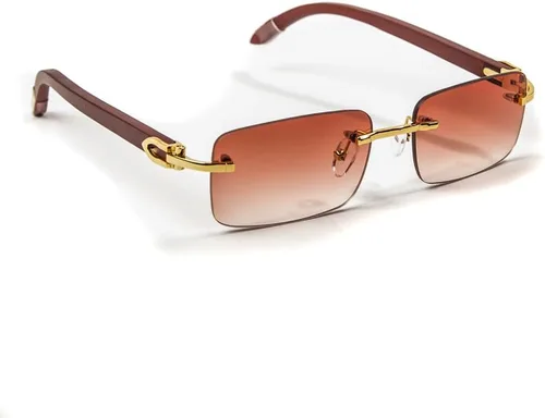 Vista 2 de Gafas de sol de grano de madera estilo hip hop con montura dorada para hombre, color burdeos, Borgoña
