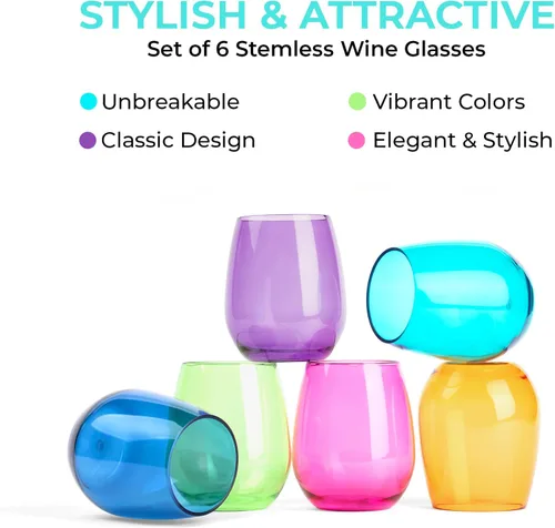 Vista 9 de pop design Copas de vino irrompibles de alta calidad, sin tallo, juego de 6 copas de vino de plástico acrílico reutilizables sin BPA inastillables