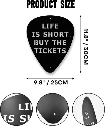 Vista 2 de Rajukit Arte de pared de púa de guitarra de metal, arte de pared único con inspirador Life is Short. Compra las entradas, arte de pared de metal
