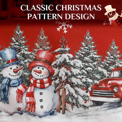 Vista 4 de Softalker Mantel Navideño Rectangular 60x102 Pulgadas, Mantel Rojo de Mesa de Invierno Navidad Muñeco de Nieve Camión, Cubierta de Mesa