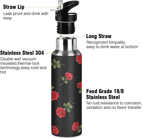 Vista 3 de Red Roses Green Leaves Black Insulated Water Bottle 20 Oz Leakproof Water Bottles, BPA-Free Sports Water Bottle with Straw