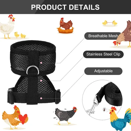 Vista 5 de BOAO Arnés de pollo ajustable de 3 piezas con correa y cinturón a juego, cómodo chaleco transpirable para entrenamiento de pollo para pato o ganso