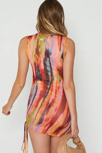 Vista 5 de ABMOIU Mini vestido sexy de malla con estampado para mujer, transparente, sin mangas, elástico, ajustado, corto, vestido de verano