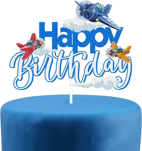 Vista 9 de Decoración azul para pastel de 1er cumpleaños con diseño de avión y vuelas, decoración de fiesta de baby shower azul con purpurina - Decoración