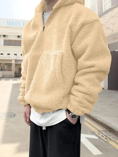 Vista 3 de Mens Sherpa Fuzzy Pullover Hoodie Sweatshirts 14 Zip Up Oversized Top Long Sleeve Fleece Jacket with Pockets