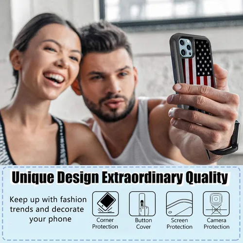 Vista 4 de Funda compatible con iPhone 13 Pro con protector de pantalla, diseño de bandera americana antigua para hombres y niños, 3 capas, resistente, a