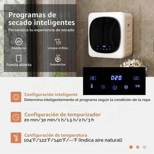 Vista 3 de COSTWAY Secadora portátil de ropa, máquina compacta de secado de 1.5 pies cúbicos con tambor de acero inoxidable y panel táctil LED, secadora