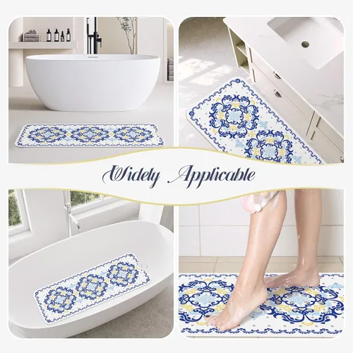 Vista 7 de SHUCHING - Alfombra de baño antideslizante azul para bañera de 40 x 16 pulgadas, estilo bohemio Tapete de bañera para ancianos sin moho, tapete
