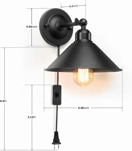 Vista 2 de Aplique de pared enchufable, aplique de pared negro, lámpara de pared industrial vintage con brazo oscilante antiguo, lámpara de pared