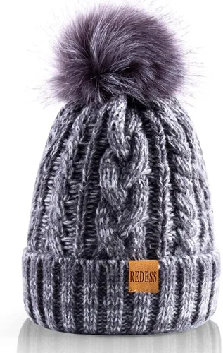 Vista 24 de Redess Gorro de invierno con pompón y forro polar cálido, grueso y holgado, tejido, para la nieve, para esquiar, para mujer Beige