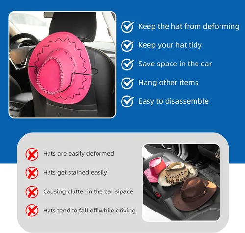 Vista 5 de Perchero para sombreros de automóvil, soporte para sombrero de vaquero para organizador de sombreros, colgador de ropa de almacenamiento trasero