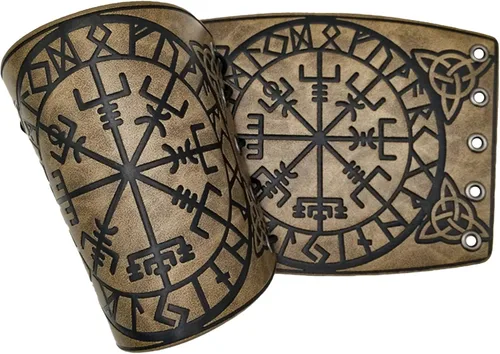 Vista 2 de HiiFeuer Viking Vegvisir - Armadura de cuero en relieve, 3 colores LARP Guantelete de cuero