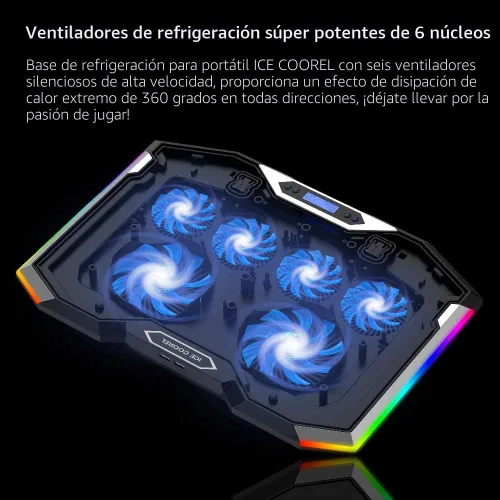 Vista 2 de ICE COOREL Almohadilla de enfriamiento para laptop de juegos de 15-17.3 pulgadas, ventilador para laptop con 6 ventiladores de enfriamiento RGB