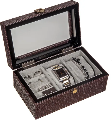 Vista 3 de Caja de reloj de cuero con patrón de cuadros ejecutivo y estuche de eslabones y organizador de almacenamiento de anillos para hombre, joyero