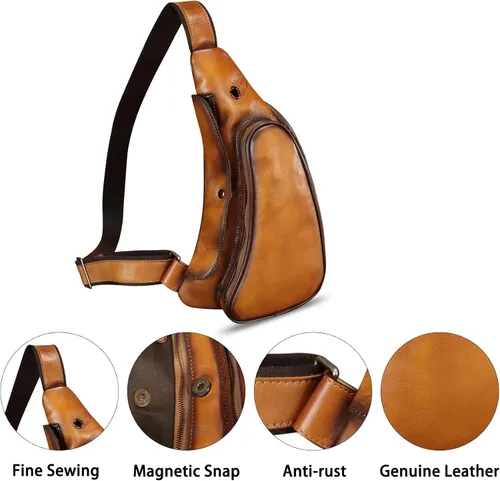 Vista 2 de Bolso de cuero genuino para mujeres y hombres, mochila de cuero retro para el pecho, bolso cruzado