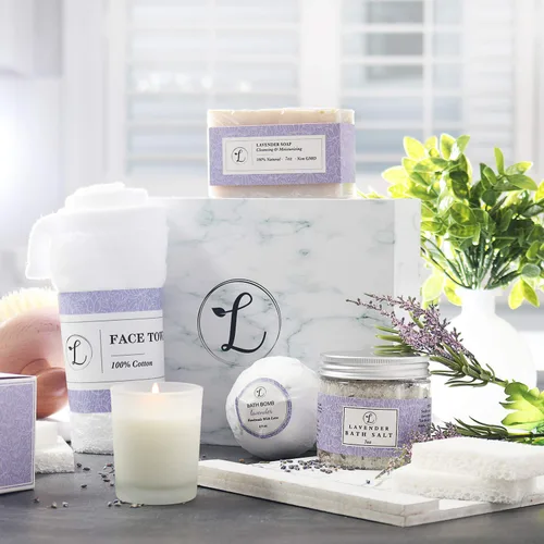 Vista 4 de Set de regalo de spa 100% natural, caja de regalo incluye: bomba de baño, sal de baño, jabón de manos, vela perfumada, paño facial y caja de regalo.