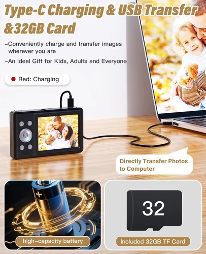 Vista 5 de Nueva cámara digital 2025, 56MP FHD 1080P para niños con zoom digital de 16x, antivibración, detección facial, captura de sonrisas, tarjeta TF de 32