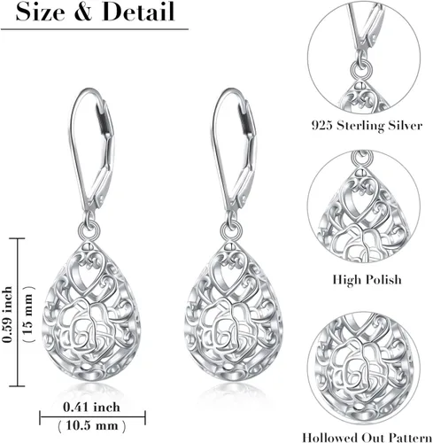 Vista 102 de Aretes colgantes de filigrana de plata de ley 925, margarita, loto, flor de rosa, piedra lunar, lágrima para mujer, nudo celta infinito, margarita