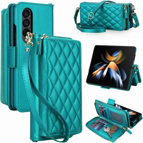 Vista 25 de Compatible con Samsung Galaxy Z Fold 3 5G 2021 - Funda tipo cartera con cremallera y bloqueo RFID, correa para tarjetero, ranuras para tarjetas Rojo
