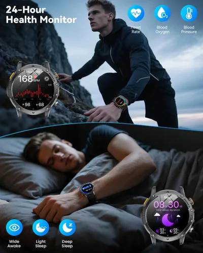 Vista 6 de Relojes inteligentes militares para hombres, reloj inteligente de 1.7 pulgadas con batería de 1000 mAh, linterna LED, frecuencia cardíaca, monitor