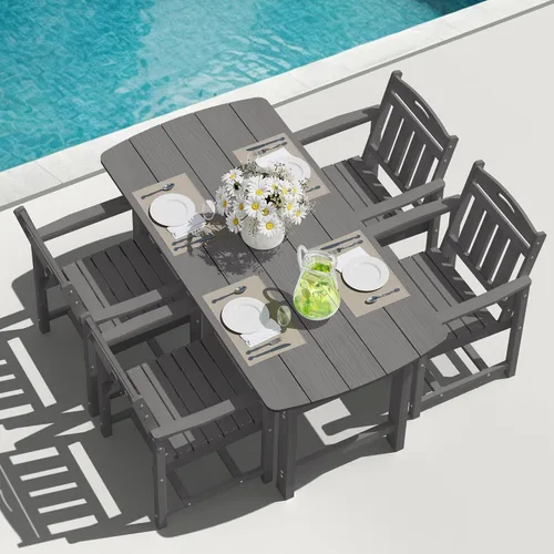 Vista 29 de Mesa de comedor rectangular para exteriores, mesa de polietileno de alta densidad resistente para 6, mesa de patio resistente a la intemperie