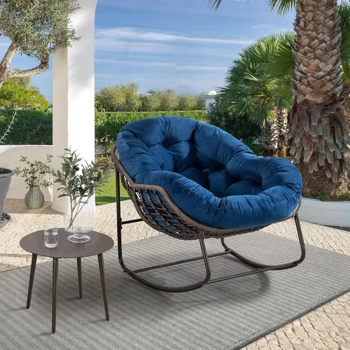 Vista 10 de Juego de 2 mecedoras para exteriores, silla mecedora de huevos de mimbre de gran tamaño, para interiores y exteriores, cómoda silla mecedora con Gris