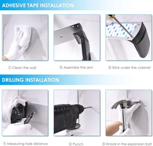 Vista 9 de Simpletome - Toallero de papel para colocar debajo del gabinete con adhesivo o perforación, aleación de aluminio + ABS (negro) tension arms, tear