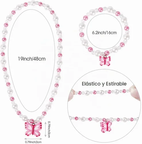 Vista 3 de Msnailfly Juego de collar y pulsera elásticos de mariposa, joyería de mariposa para niñas pequeñas princesas (B)