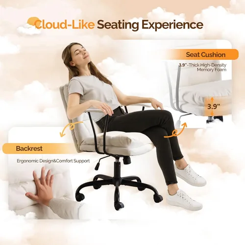Vista 7 de VINGLI Silla de escritorio acolchada blanca con/sin ruedas, base doble, reposabrazos removibles, silla giratoria ajustable y cómoda para Blanco