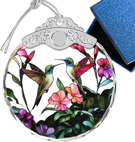 Vista 11 de Adornos de Navidad – Pájaros Cardenales y Flores Ornamento de Vidrio Emplomado – Decoración Navideña – Adornos para Árbol de Navidad – Regalos