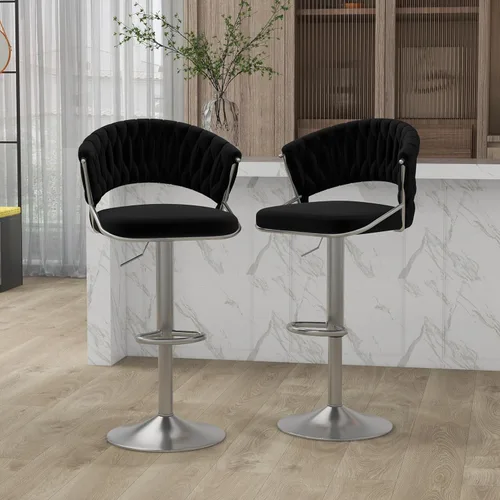 Vista 32 de Juego de 2 taburetes de bar giratorios de 360° con respaldo alto, silla de bar de terciopelo ajustable moderna de altura de mostrador, taburete