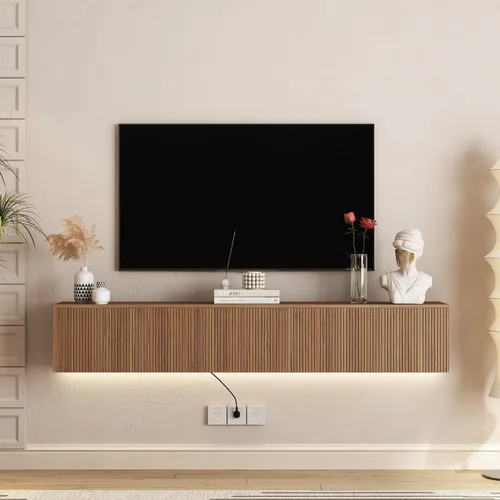 Vista 23 de Soporte flotante para TV montado en la pared con 20 LED de color, soporte de TV moderno de 63 pulgadas, gabinete de TV flotante centro