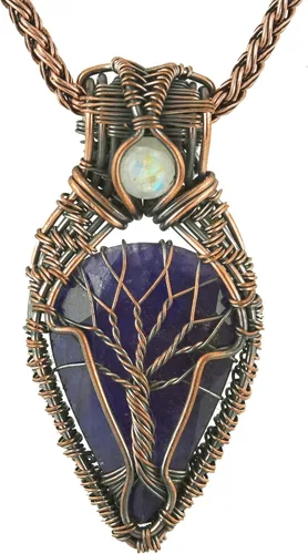Vista 9 de Impresionante collar con colgante de árbol de la vida de cobre con piedras preciosas hechas a mano y cadena de 20 pulgadas, perfecto