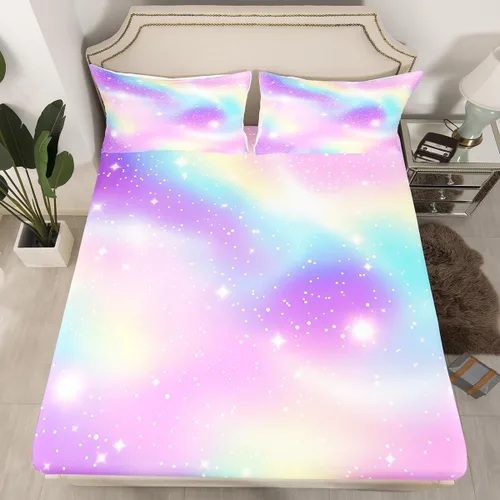 Vista 2 de Juego de sábana bajera ajustable de teñido anudado para niñas, juego de ropa de cama con diseño de arco iris degradado de arcoíris, lindo juego