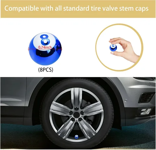 Vista 2 de Augeny 8 tapas para válvulas de neumáticos de automóvil, cubiertas de vástago de válvula de rueda de bola de 8 bolas con anillo de goma, tapones Azul