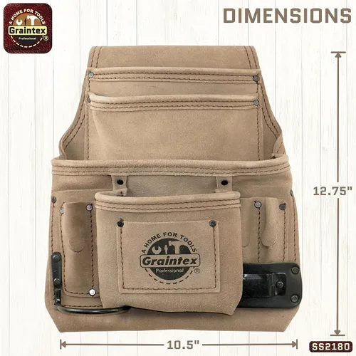 Vista 3 de Graintex Bolsa para clavos y herramientas de 10 bolsillos, bolsa de herramientas de cuero de gamuza, cinturón de herramientas para constructores