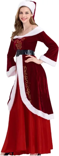 Vista 2 de Disfraz de Sra. Claus para mujer, 3 piezas, disfraces de Papá Noel, vestidos de terciopelo con hombros descubiertos, vestidos de fiesta de máscaras