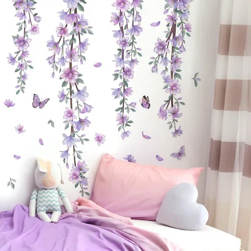 Vista 4 de Adhesivo de pared colgante, creativo, extraíble, DIY, de flores púrpuras y enredaderas, con algunas mariposas voladoras, adhesivo de vinilo